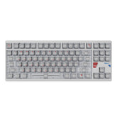 ATK x QK Hex80 TKL keyboard, silver aluminum case, frosted PC clear keycaps with red lettering, Cherry profile.